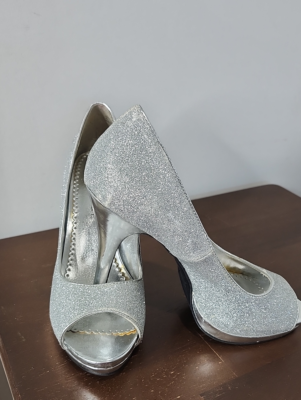 Rampage Silver Glitter Peep-Toe Stiletto Heels